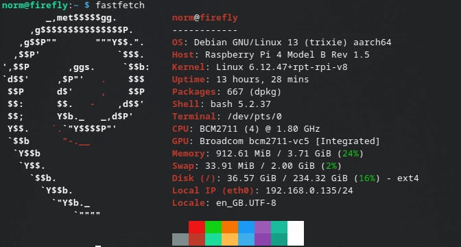 fastfetch showing the Raspberry Pi 4B (firefly) running shrimp.biribiri.dev