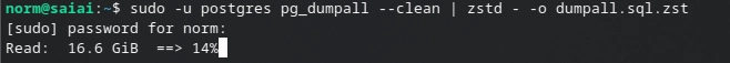pg_dumpall being piped to zstd, showing a 14% compression ratio