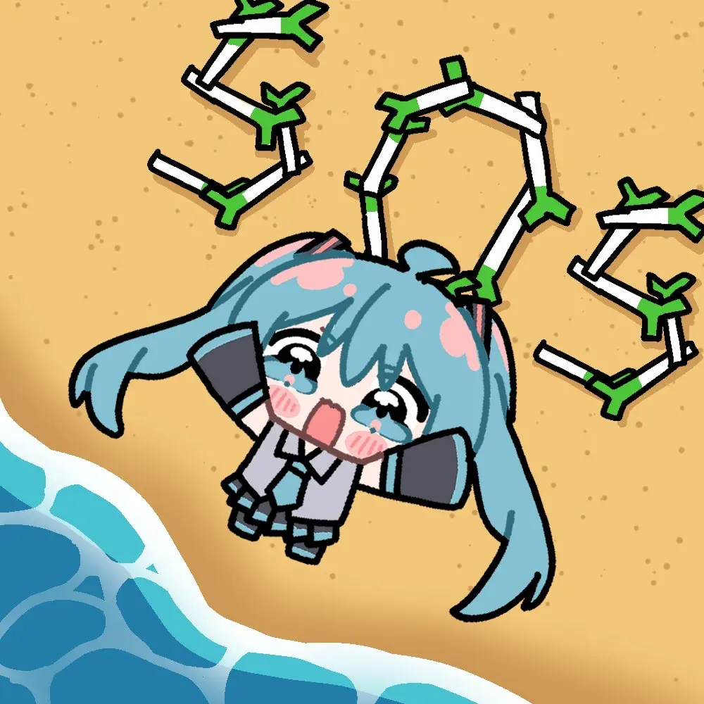 Miku on a beach with leeks arranged to spell SOS